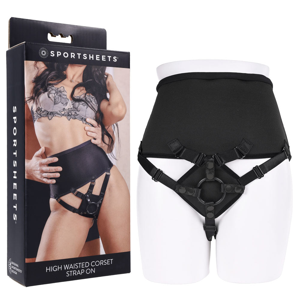 SPORTSHEETS High Waisted Corset Strap On - Black Adjustable Harness (No Probe Included)