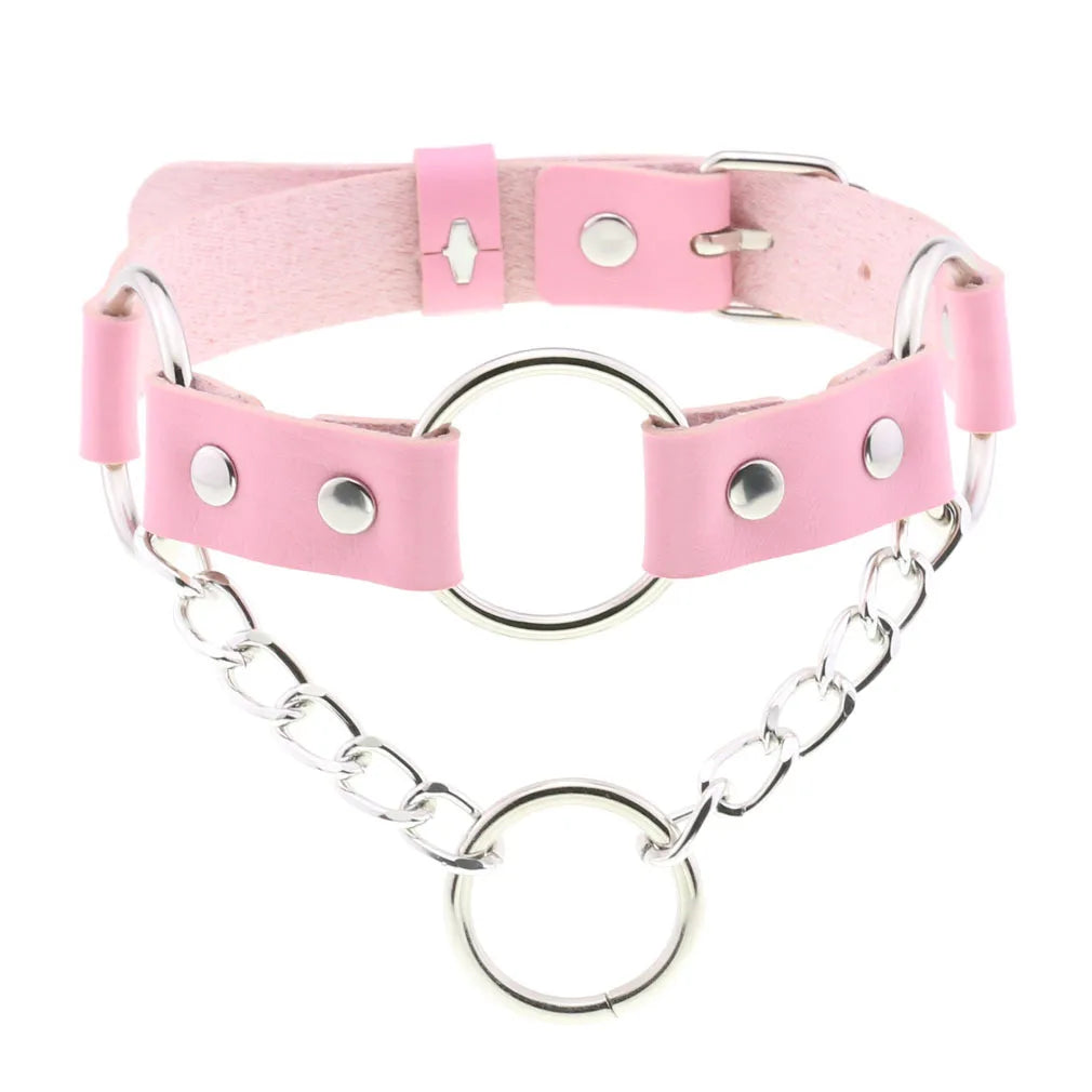 Trendy Punk Pink Lace Leather Choker Necklace