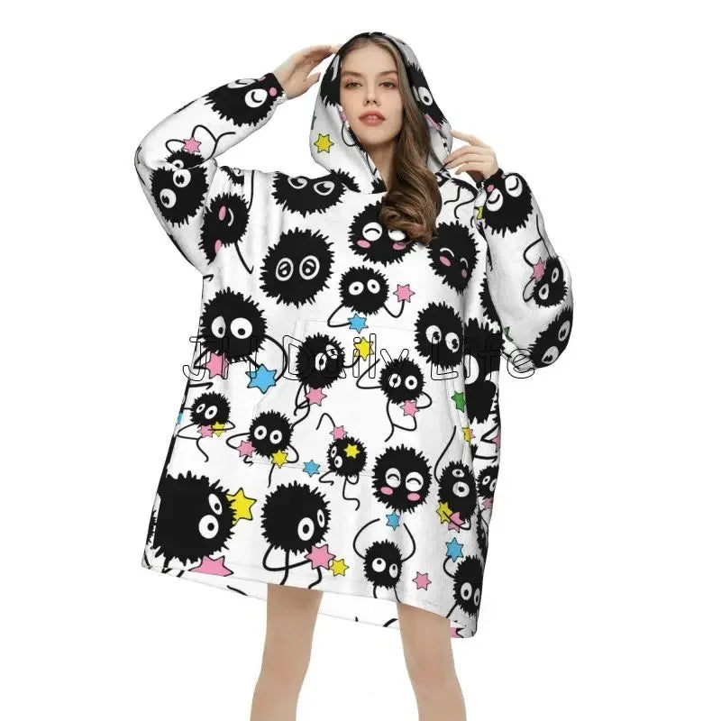 Blanket Hoodie Cute Soot Sprites Oversized Sweatshirts Blanket Warm Cozy Flannel Fleece Sherpa Blankets with Pockets
