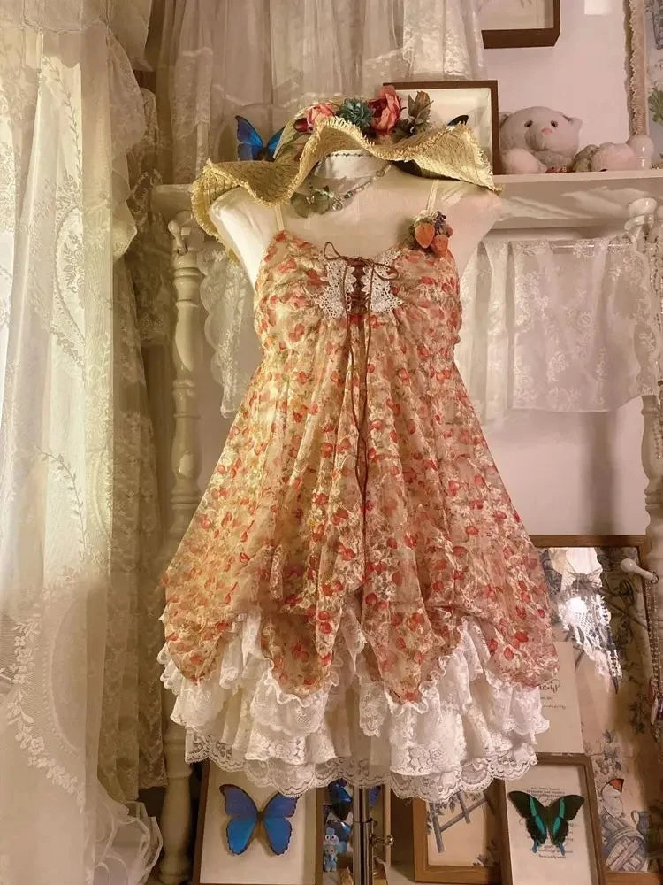 Vintage Women Sets Elegant Ruffle Lace Chiffon Design Mini Skirt  Fashion Outfit