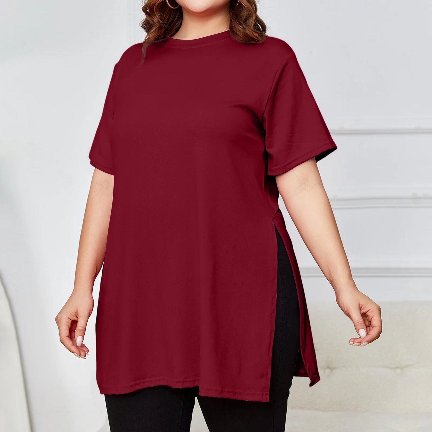 Plus Size Mid-length Slit T-shirt Solid Color Round Neck Short Sleeve