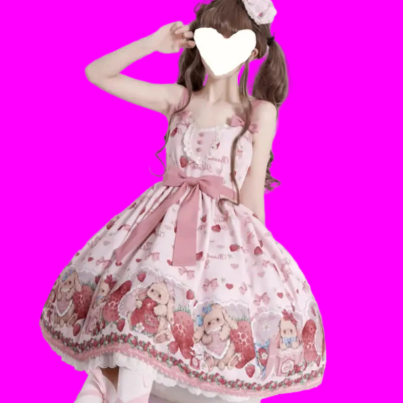 Falling Rabbit Berry Lolita Pink Cute SJK Dress Lolita Big Skirt Girls Birthday Show Cake Dress  birthday dress for women