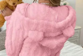 Cute Plush Bear Embroidery Coral Unisex Loose Hooded Long Sleeve Sleepwear