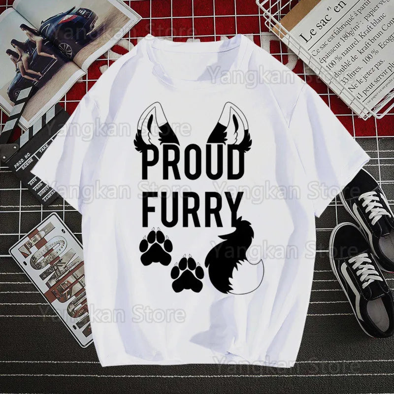 White t-shirt with 'Proud Furry' text and graphics on a red and black checkered surface.