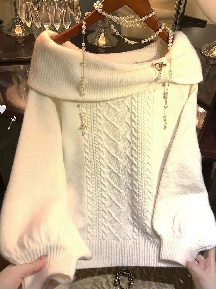 Sweet Hot Bow Off-Shoulder Sweater Elegant Fashion Knitted Tops