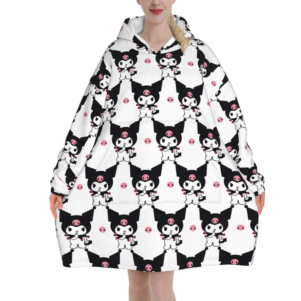 My Melody And Kuromi Blanket Hoodie Wearable Cute Cartoon Blanket Large with Pocket Warm Onesie