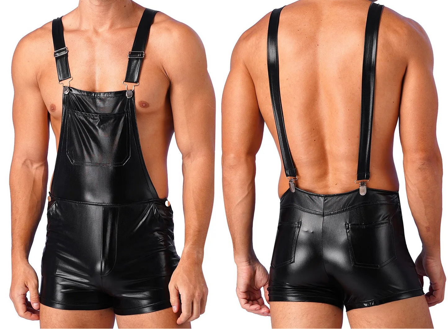 Unisex Bodysuit One-piece Wet look Leather Short Jumpsuit Romper