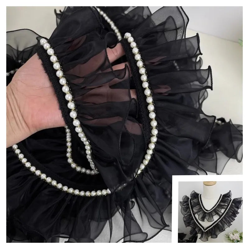 8cm wide black and white organza nail bead ruffle lace DIY banquet president's dress skirt collar edge sewing accessories supply