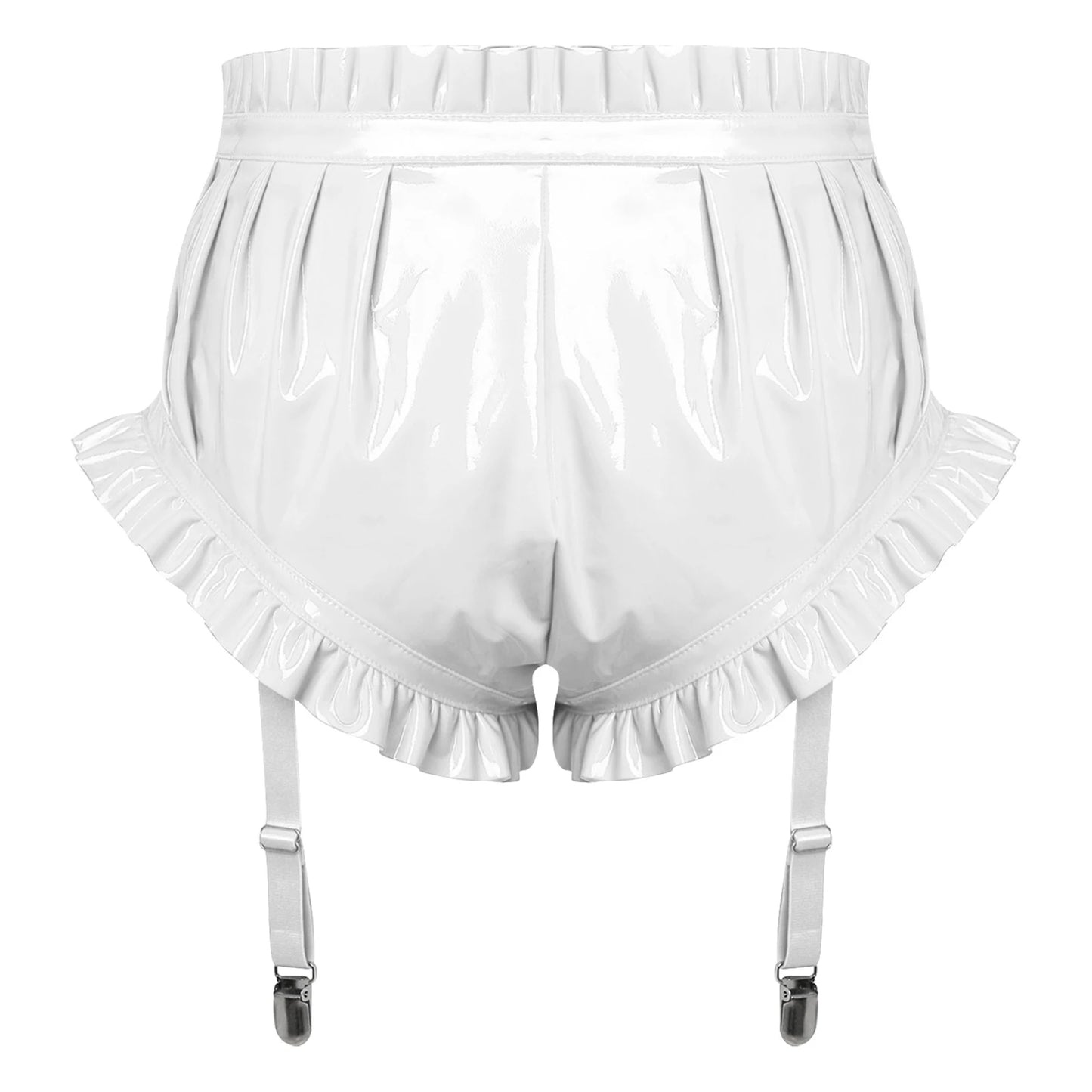 Unisex Wet Look Lingerie Latex Shorts Patent Leather Ruffle Trim with Garter Clips