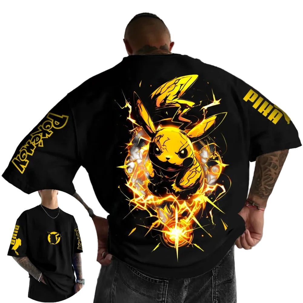Person wearing a black t-shirt with a fiery Pikachu design on the back, standing indoors.