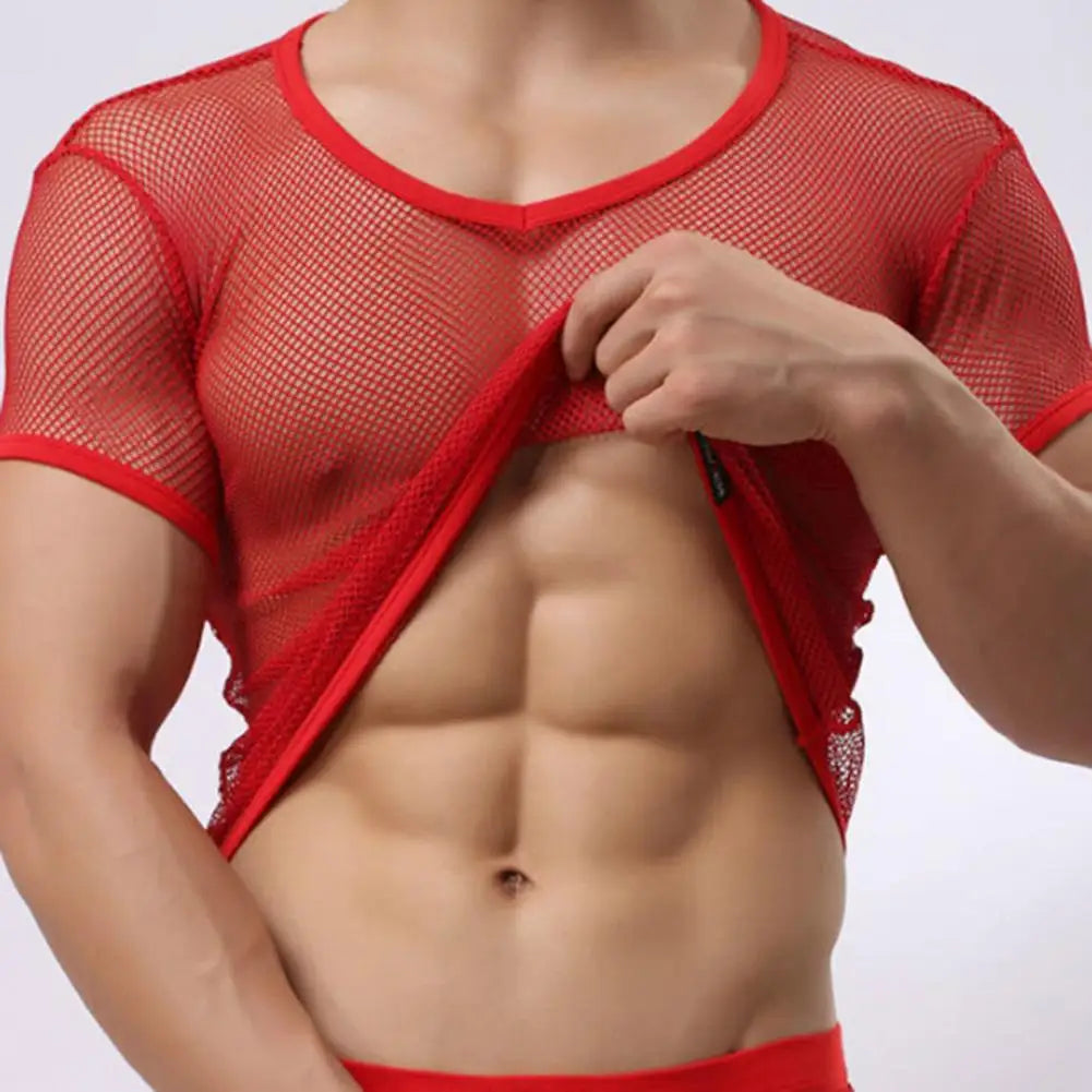Men Mesh T Shirt Transparent Sexy Men See Through Fashion T-shirt Men Slim Fit Shiny Sexy T Shirt Party Nightclub Blouse Tops