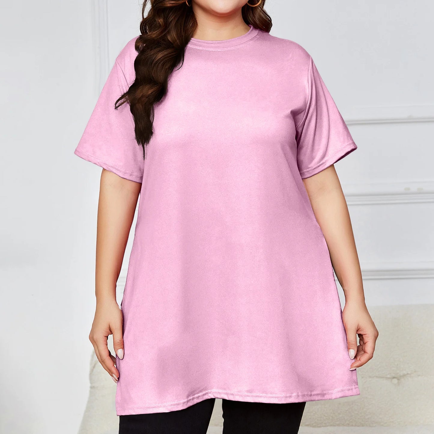 Plus Size Mid-length Slit T-shirt Solid Color Round Neck Short Sleeve