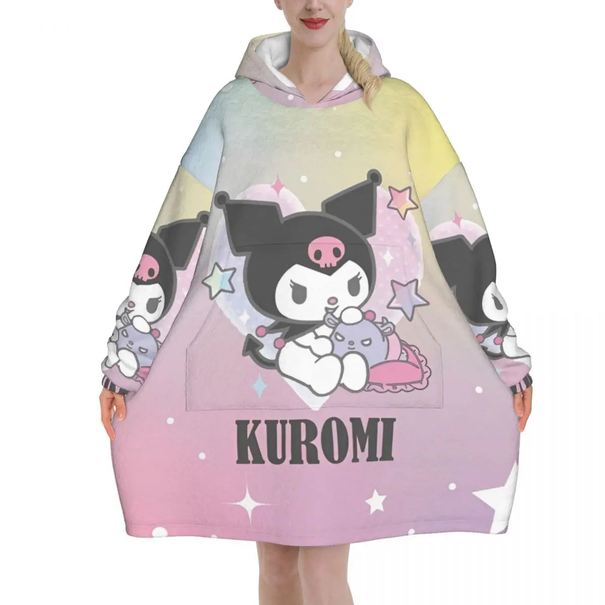 My Melody And Kuromi Blanket Hoodie Wearable Cute Cartoon Blanket Large with Pocket Warm Onesie
