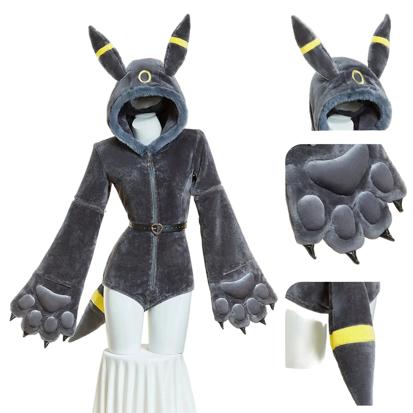 Gray costume with bunny ears and paws on a mannequin, featuring close-up details.