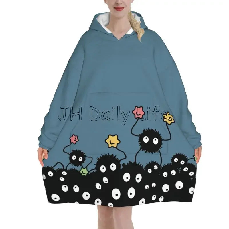 Blanket Hoodie Cute Soot Sprites Oversized Sweatshirts Blanket Warm Cozy Flannel Fleece Sherpa Blankets with Pockets