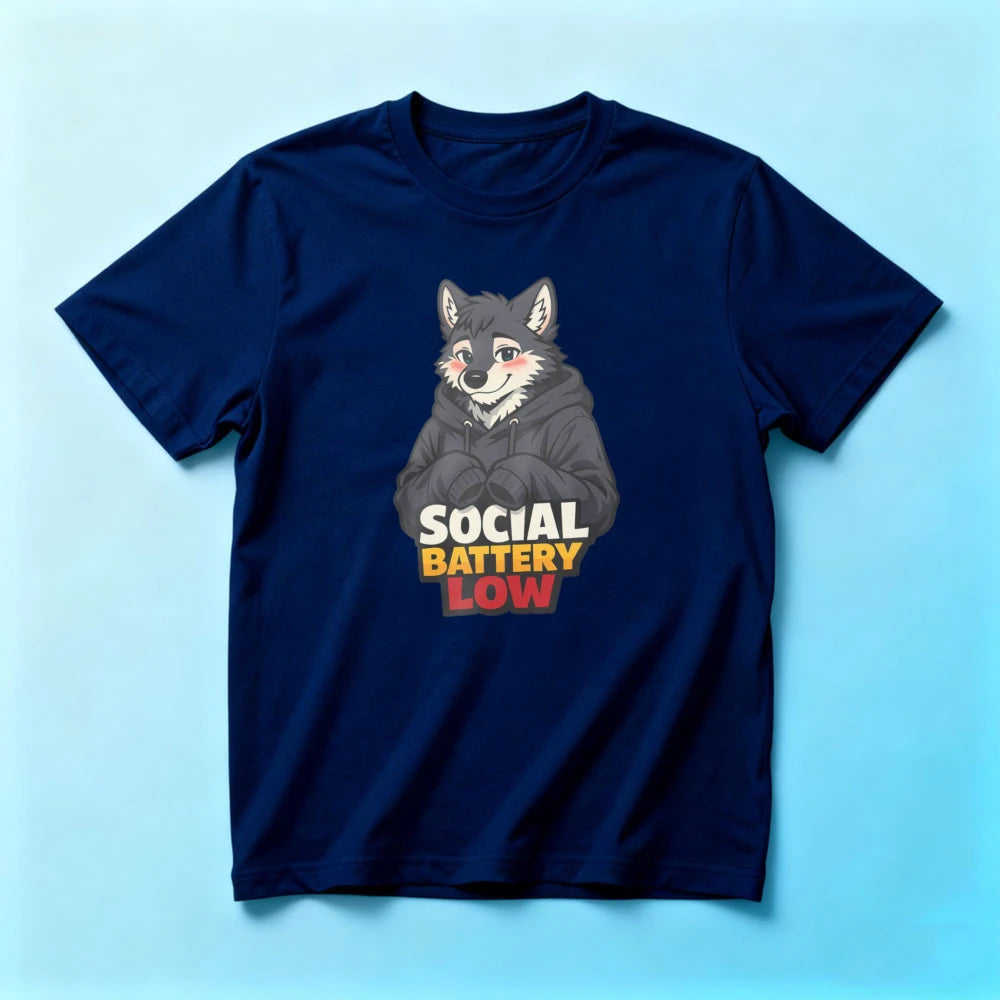 SOCIAL BATTERY LOW Shy Wolf Furry Shirt Cartoon Graphic Printed Tee