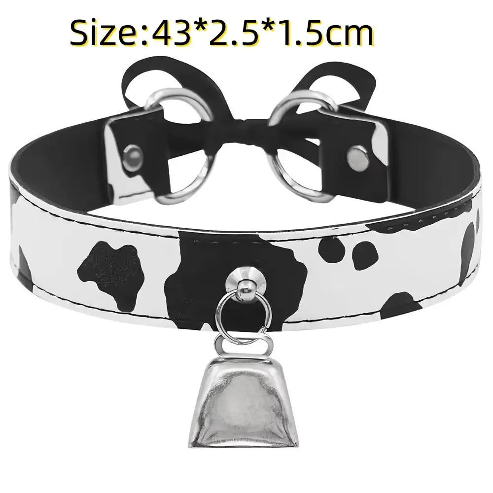 Cow Print Leather Choker Adjustable Bell Collar