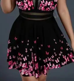 Plus Size Women's Black Blueor Black Pink Butterfly Print V Neck Mesh Panel A Line Beach Party Sundress