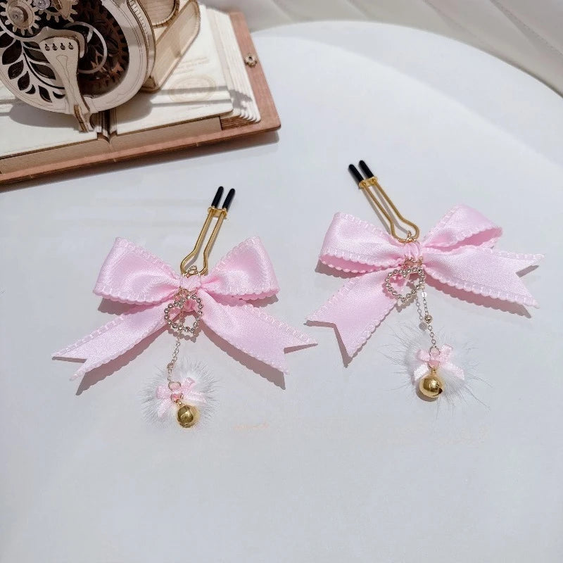 Pink Bow Nipple Clips Heart-Shaped Gemstone Collar Leash Set with Body Chain