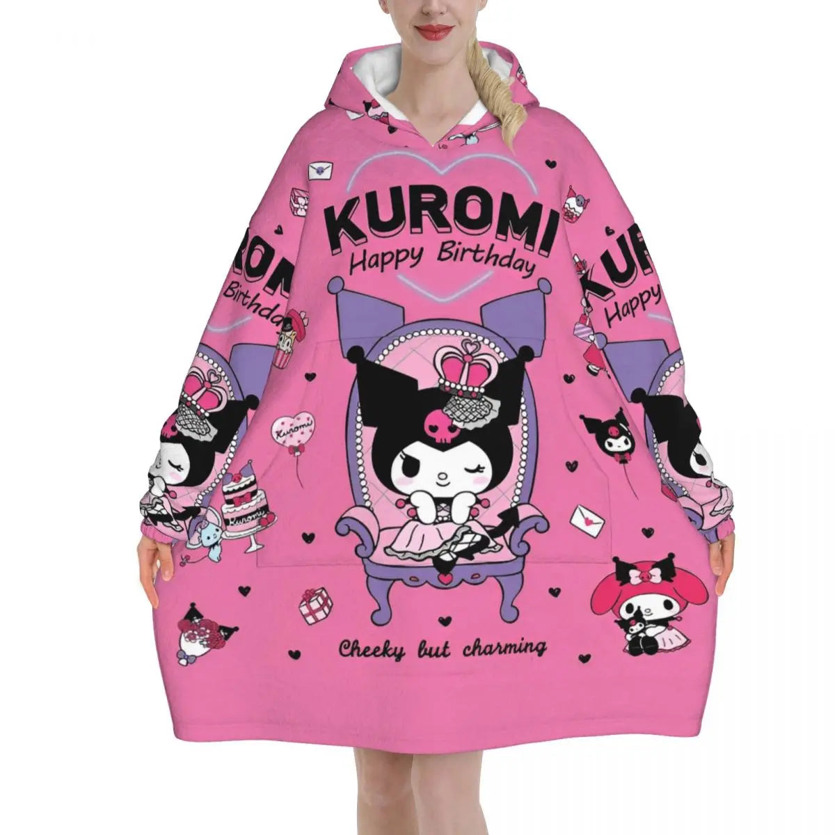 My Melody And Kuromi Blanket Hoodie Wearable Cute Cartoon Blanket Large with Pocket Warm Onesie