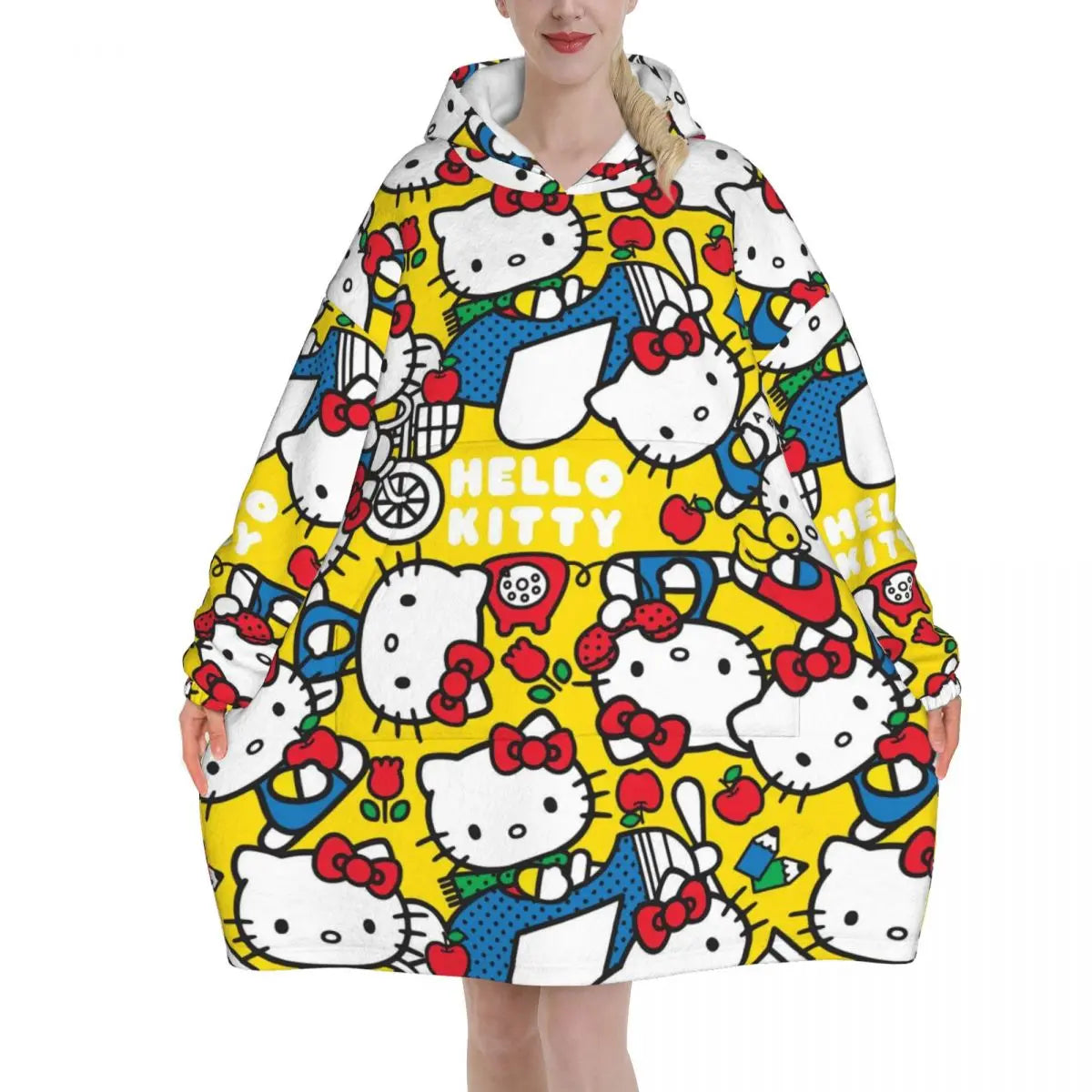 Hello Kitty Cartoon Blanket Hoodie Wearable Blanket Large with Pocket Warm Sleeping Bag Soft Cozy Onesie