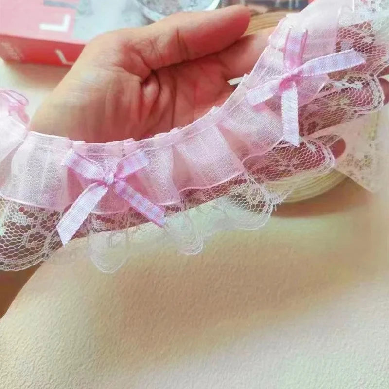 1 Yard Pink and White-Color Ruffle Wave Embroidery Lace Fabric Trim