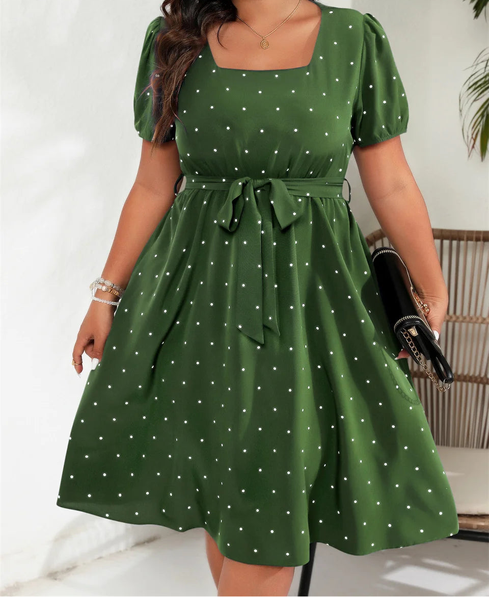 Plus Size Square Neck Polka Dot Belted Dress High Waist Summer A-line Big Swing Dresses