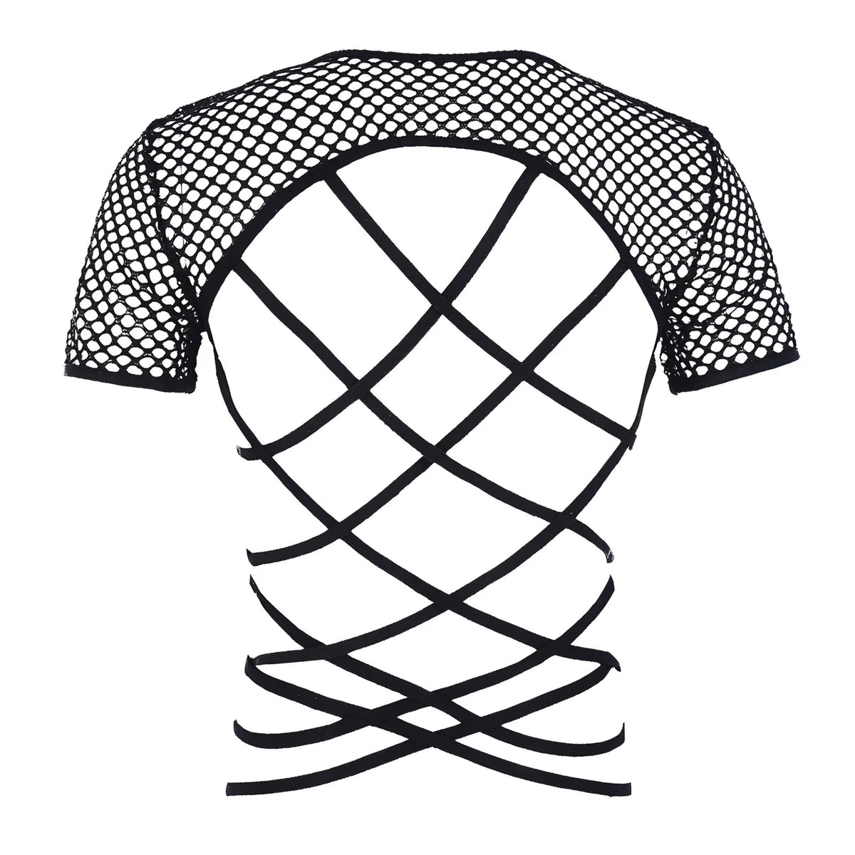 Mens T-shirt Tops Hollow Out Short Sleeve See Through Fishnet Mesh T-shirts Round Neck Crisscross Back Performance Club Wear