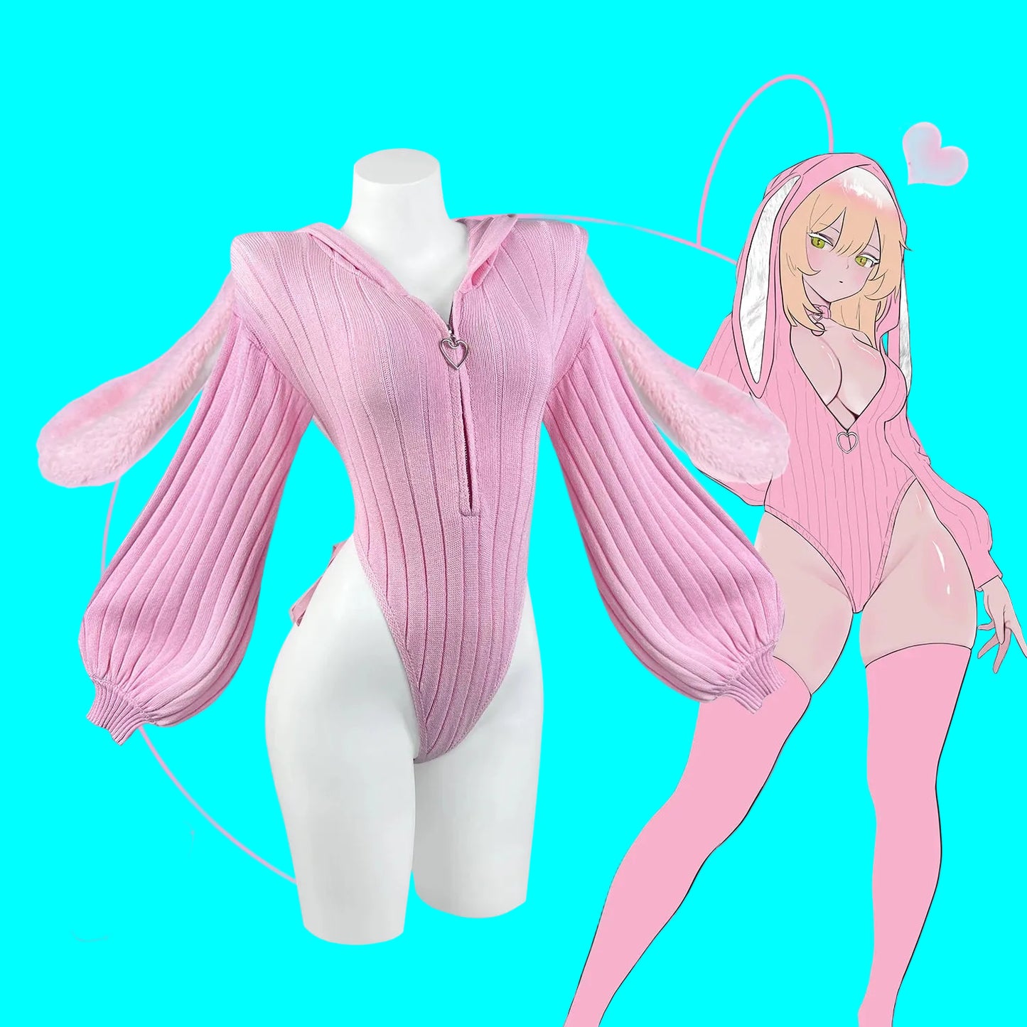 KORURACLUB Gray Knitted Or Pink Bunny Girl Long-sleeved Jumpsuit Sweater