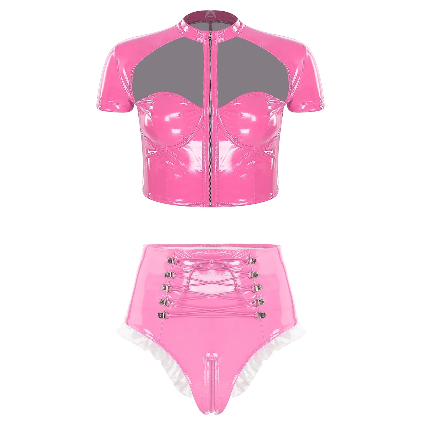 Unisex Wet Look PU Leather Rave Outfit Two Pieces