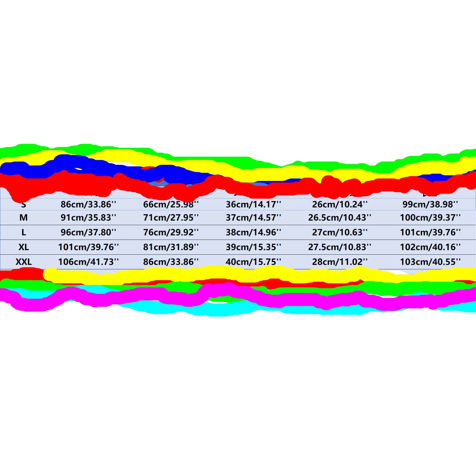 Size chart with measurements in centimeters and inches on a white background