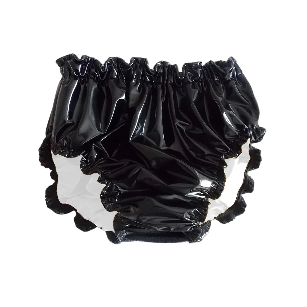 Shiny PVC Leather Panties Double Layer Splicing Briefs Glossy Waterproof