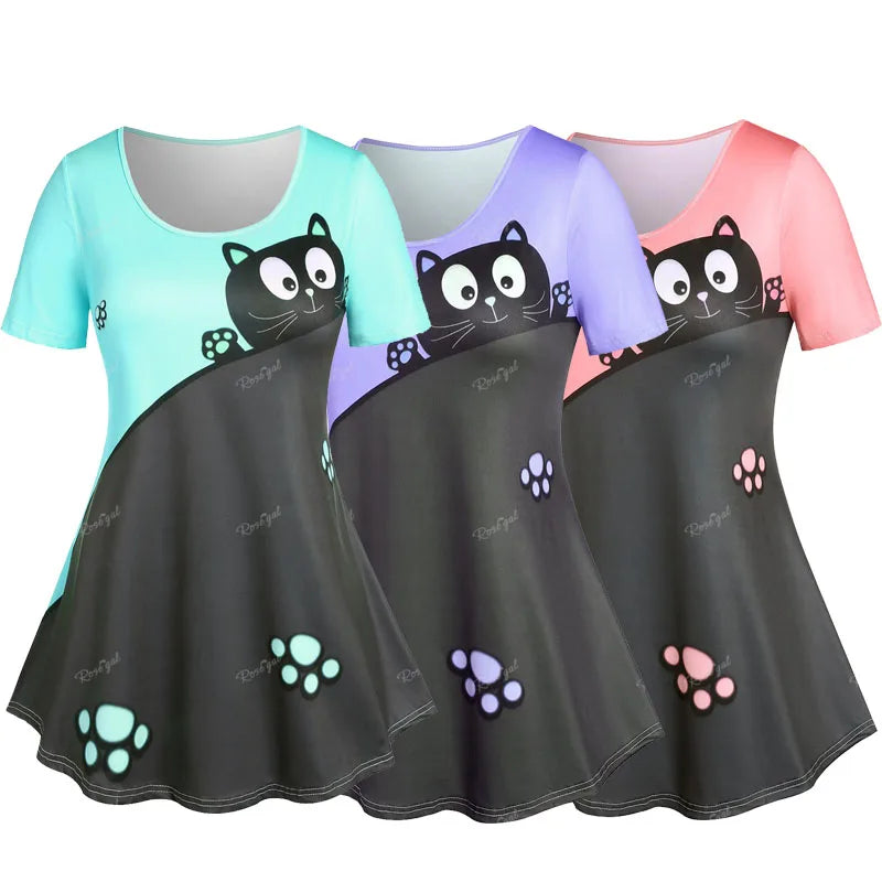 Summer T-Shirt, Cute Cat Print Tee