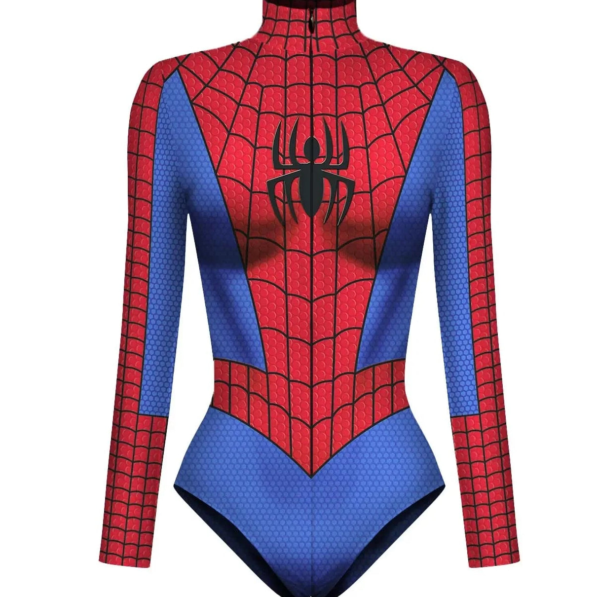 Spider-Man themed bodysuit with red and blue colors on a white background