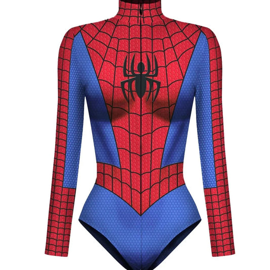Spider-Man themed bodysuit with red and blue colors on a white background