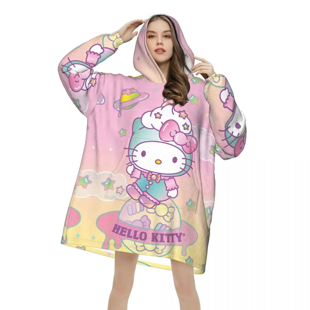 Hello Kitty Cartoon Blanket Hoodie Wearable Blanket Large with Pocket Warm Sleeping Bag Soft Cozy Onesie