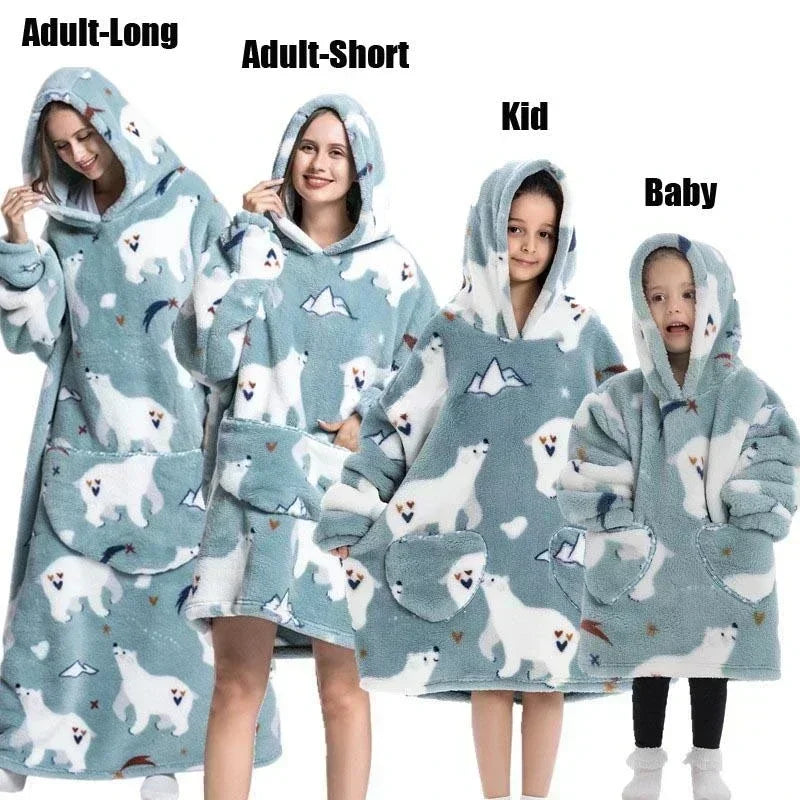 Super Oversized or Oversized Long Winter Sherpa Plush Blanket Family Matching Hoodie Sweatshirt