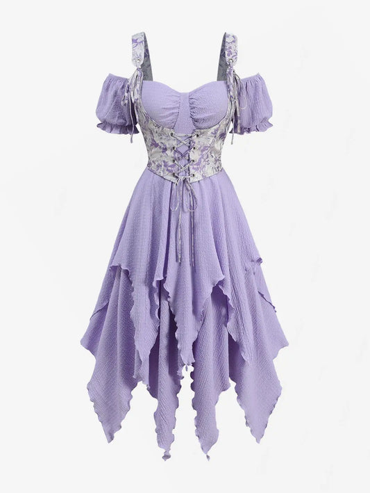 ROSEGAL Plus Size Flower Printed Lace Up Corset Handkerchief Textured 2 in 1 Dress