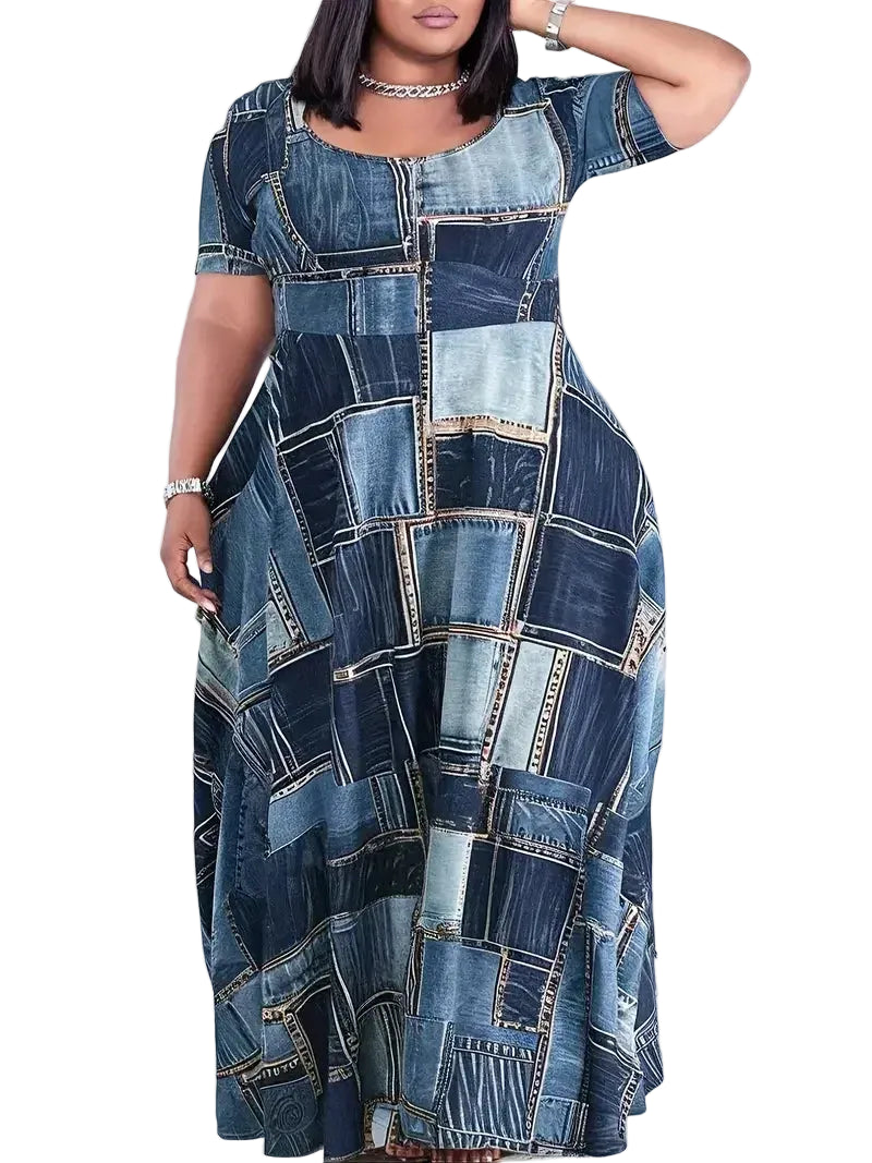 Woman wearing a patchwork denim dress on a white background