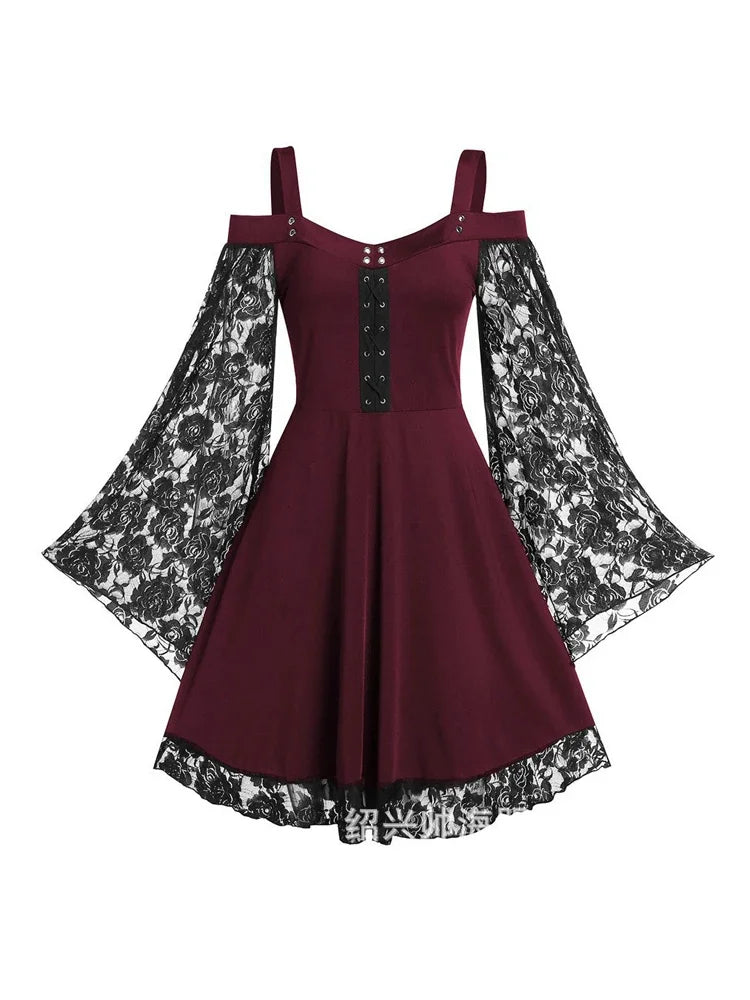 New Gothic One-shoulder Lace Vintage Look Stitching Flared Sleeve Dress