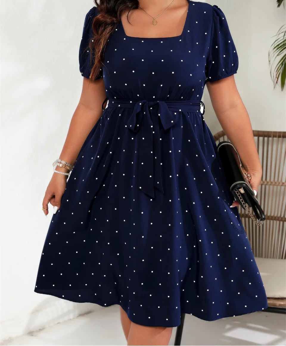 Plus Size Square Neck Polka Dot Belted Dress High Waist Summer A-line Big Swing Dresses
