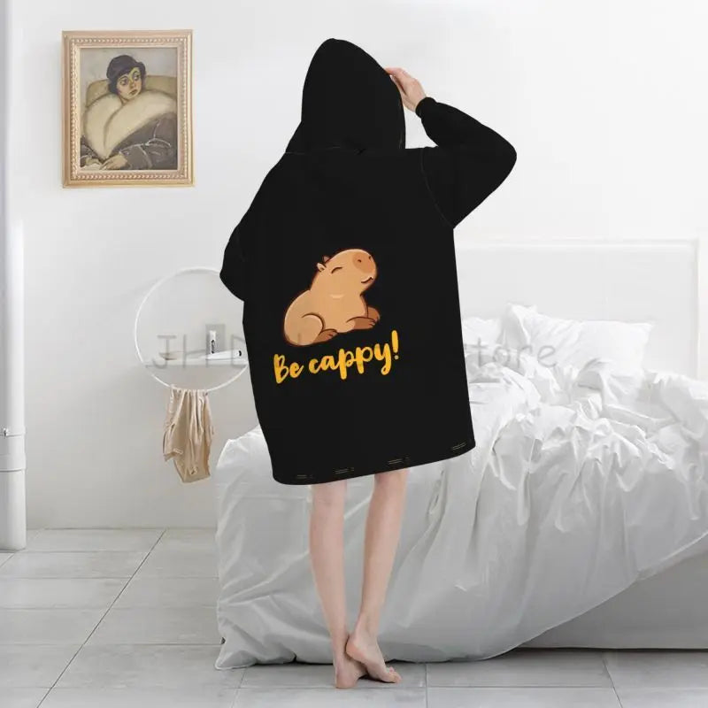 Wearable Blanket Hoodie Cute Capybara Oversized Blanket Warm Cozy Flannel Fleece Sherpa Blanket with Pockets