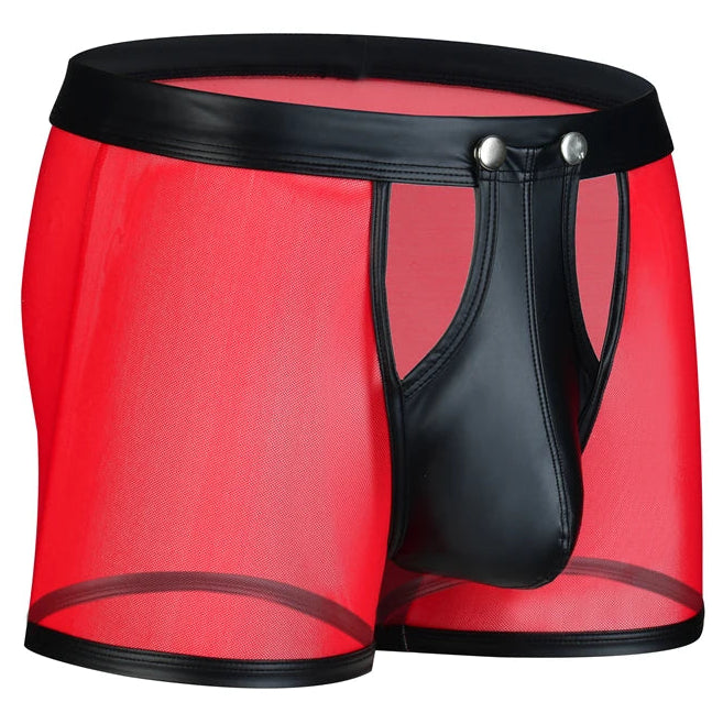 Mens Boxers Panties Man Mesh Imitation Leather Boxershorts Men Button U Pouch Panties Sexy Gay Underwear Men Hombre Shorts