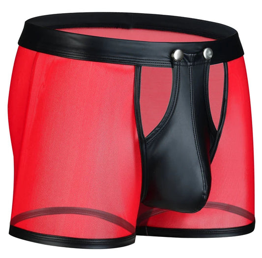 Mens Boxers Panties Man Mesh Imitation Leather Boxershorts Men Button U Pouch Panties Sexy Gay Underwear Men Hombre Shorts