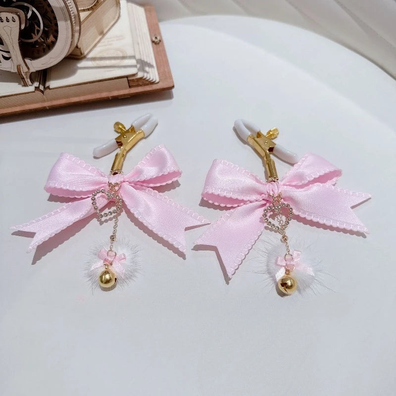 Pink Bow Nipple Clips Heart-Shaped Gemstone Collar Leash Set with Body Chain