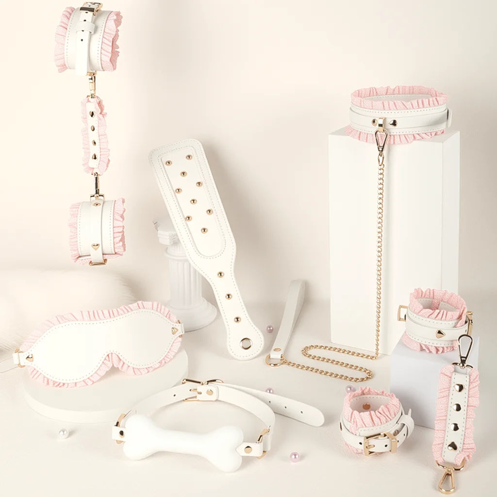 6 PCS BDSM Bondage Set White Maid Role Play Restraints Kit