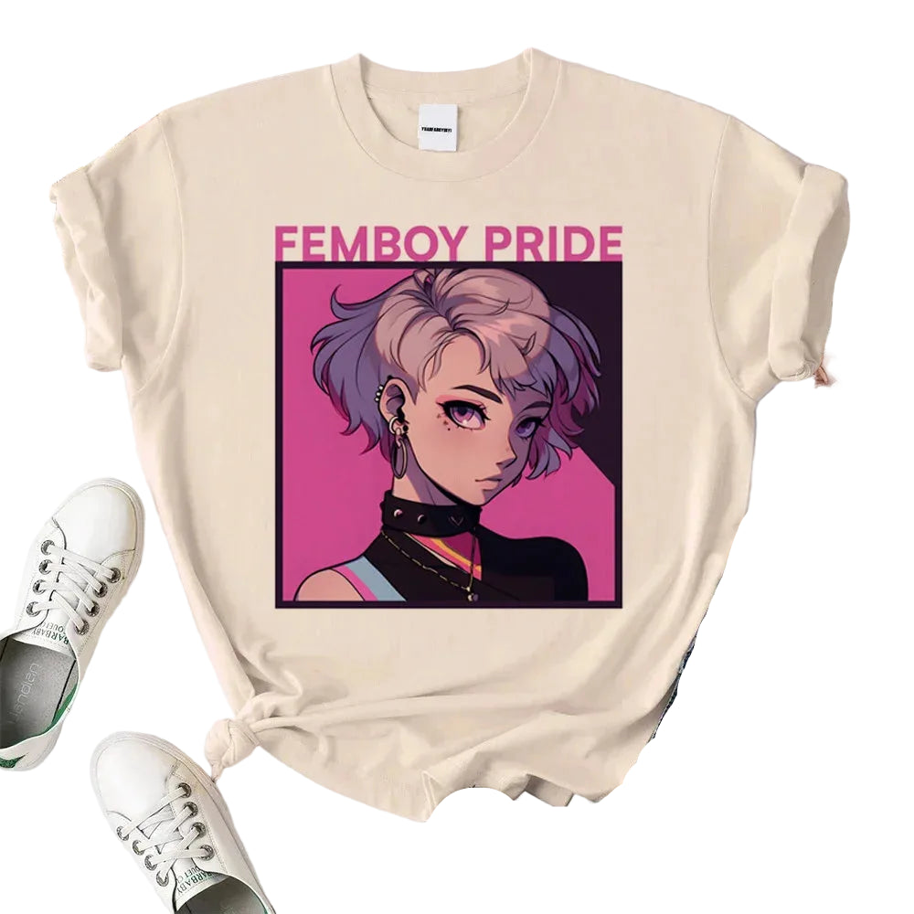 Beige t-shirt with 'FEMBOY PRIDE' graphic design on a white background with shoes and jeans.