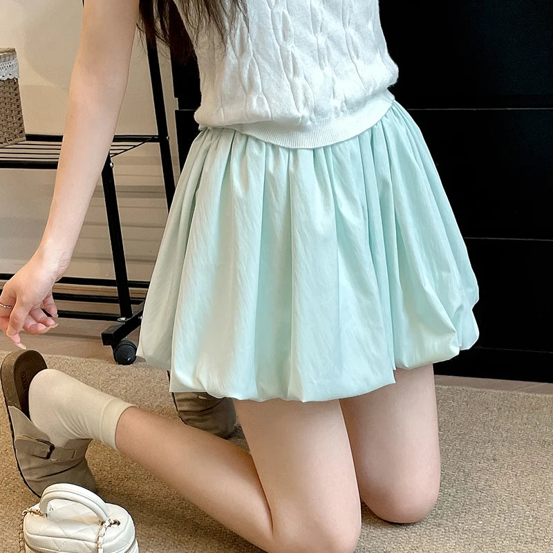Women's Mini Skirt High Waist A-Line Skirt with Built-in Shorts for Petite, Pleated Puff Hem
