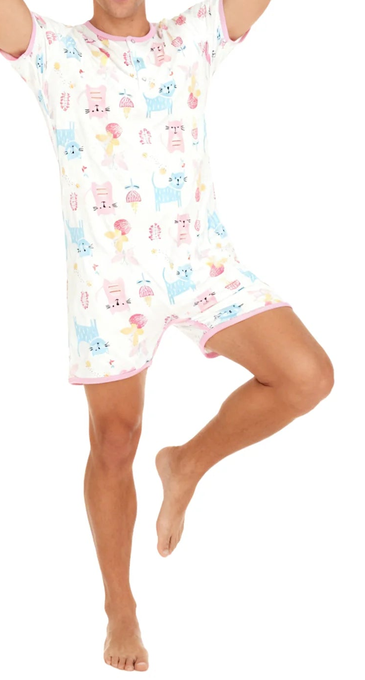 Pink Cat Bodysuit with Short Leg for Adults Onesie ABDL Clothes