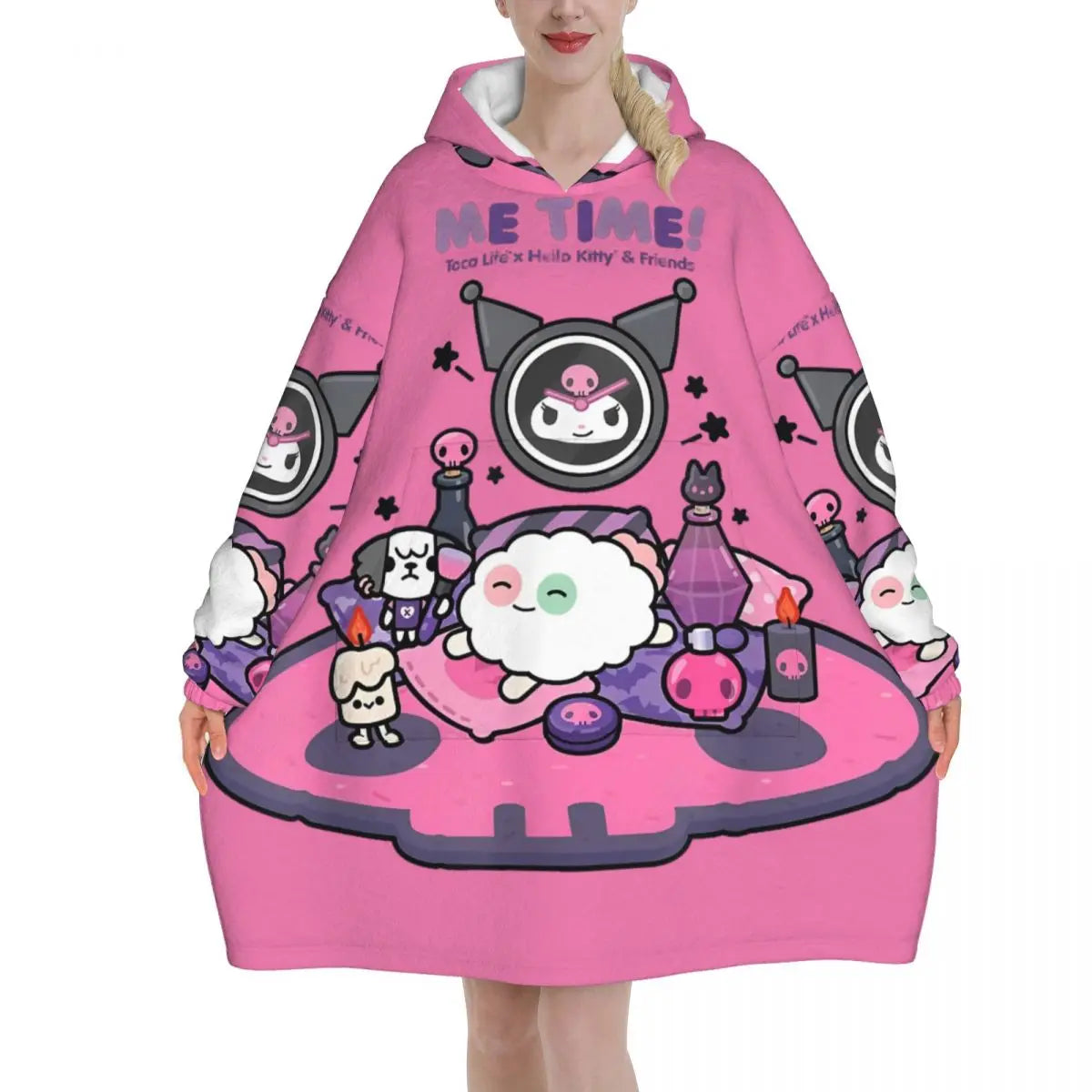 My Melody And Kuromi Blanket Hoodie Wearable Cute Cartoon Blanket Large with Pocket Warm Onesie